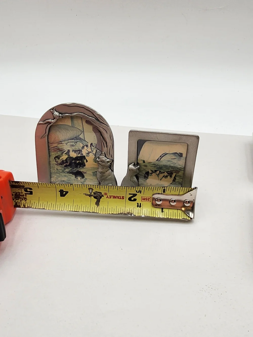 2 Vintage Pewter Silver Cat Mini Picture Frame Pair 2x3